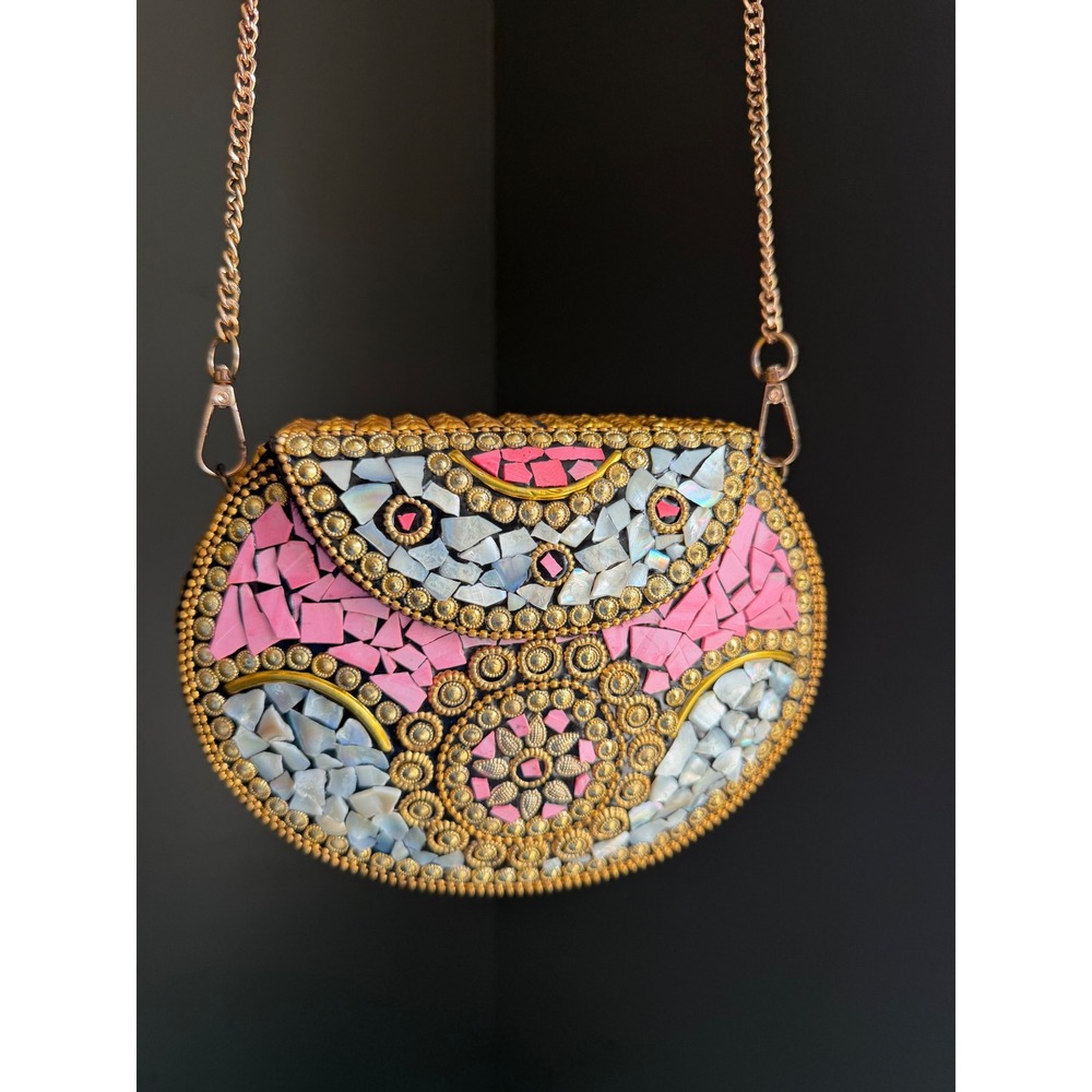 RAMLA Beverly Hills Bag Small Gold Pink Mosaic Mother of Pearl Handmade Morocco‎